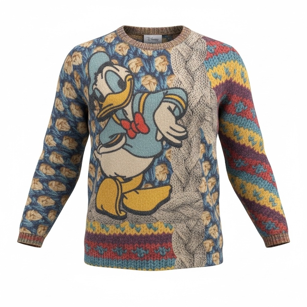 Disney Donald Duck Multi Pattern Knit Sweater Crewneck 2XL Blue Yellow 4236